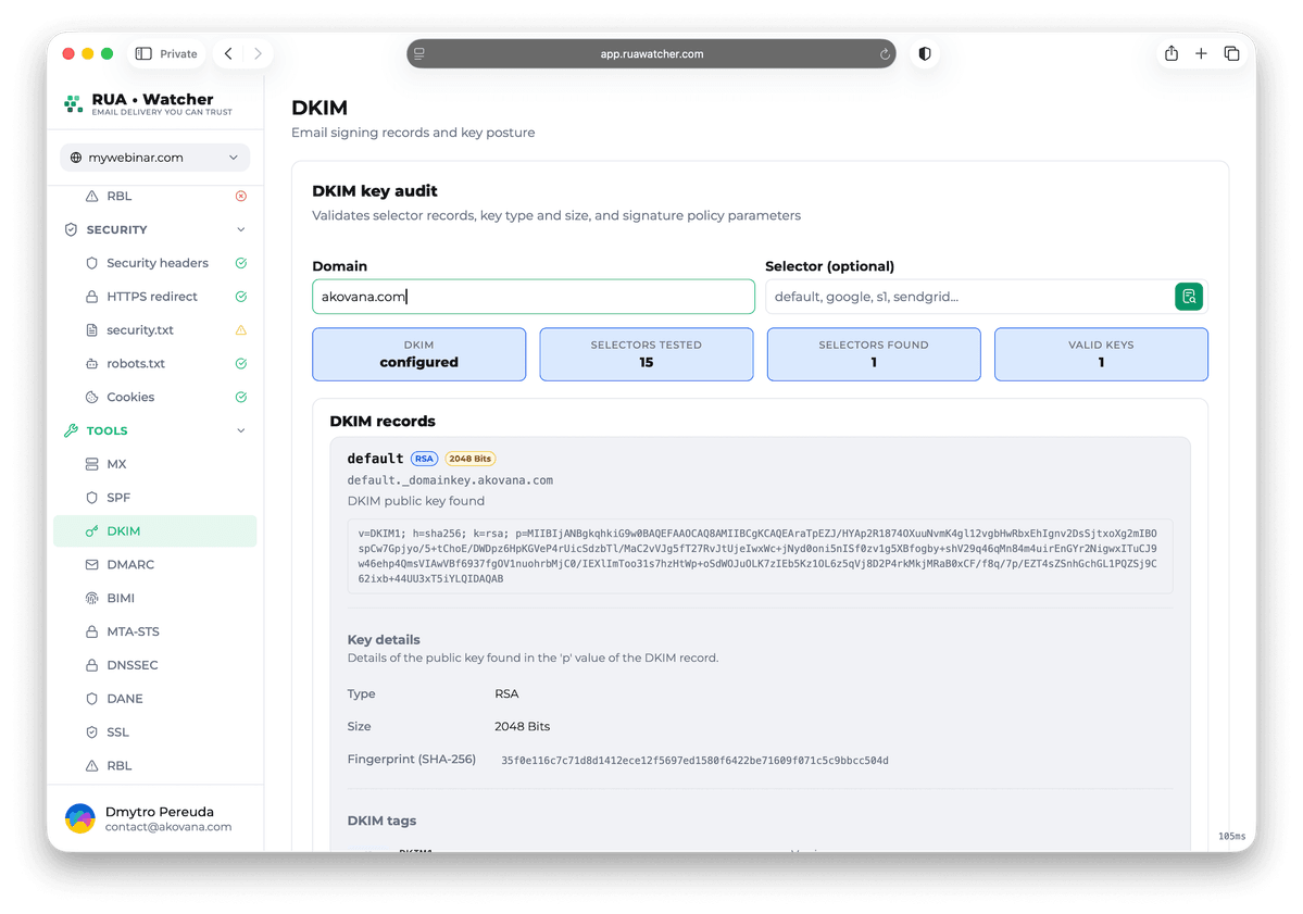 The public DKIM tool auditing one selector, showing the key type, its size in bits and the tags parsed out of the record