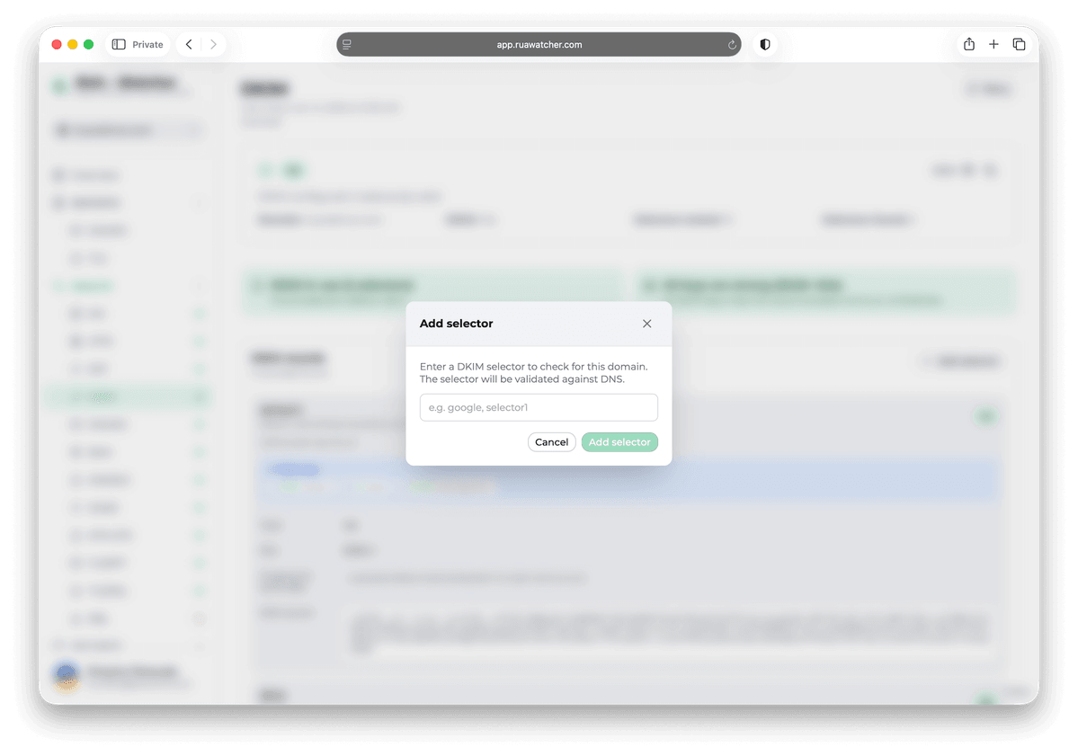 The dialog for adding a selector, which is then validated against DNS on every run