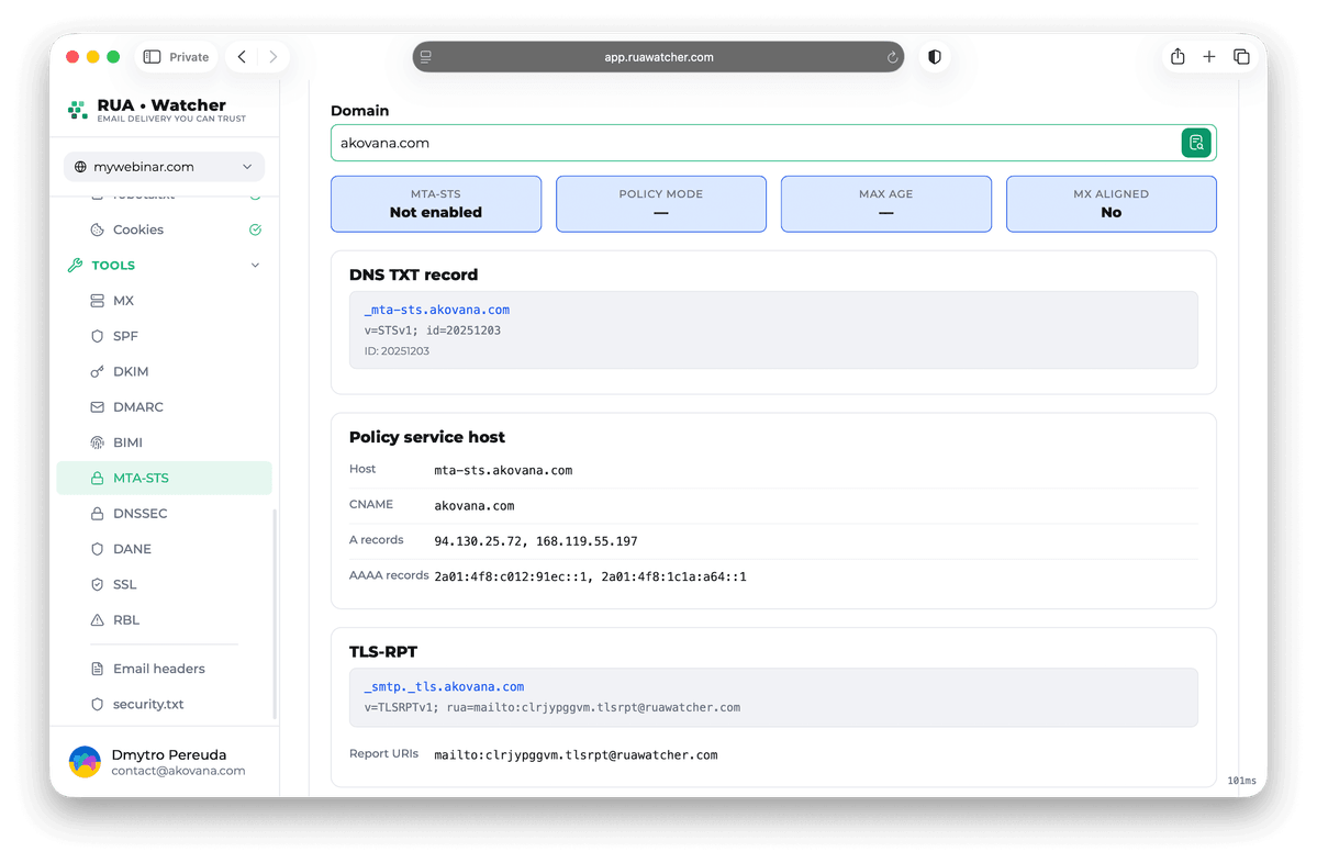 The public MTA-STS tool, showing the DNS TXT record with its policy id beside the TLS-RPT record and its reporting address