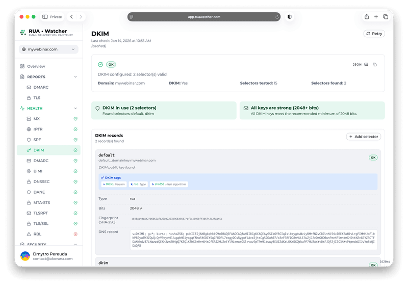The DKIM check in the panel, listing each selector with its key type and size